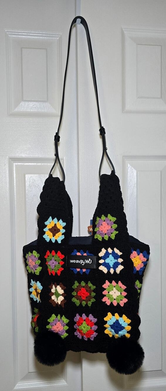 Weavly Wu Black Granny Square Crochet Pom Pom Purse
